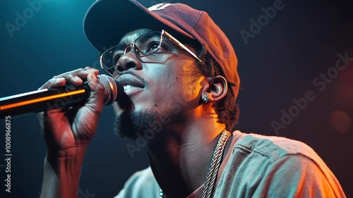 Energetic live performance by a rising hip-hop artist on stage, the African American rapper raps into a microphone.