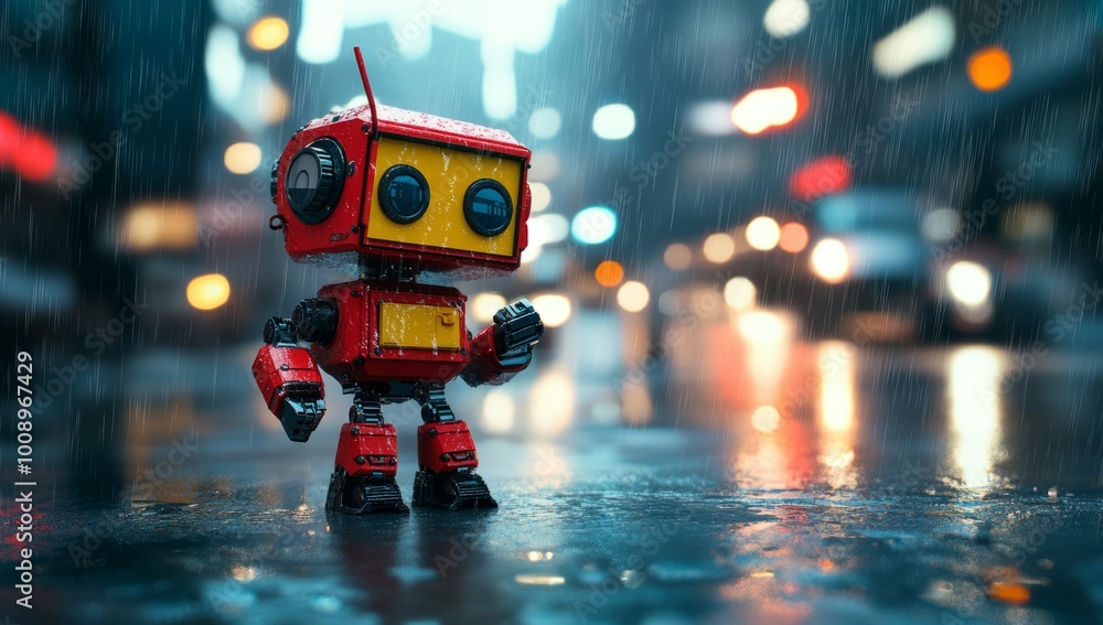 robot with a sad face on a deserted street on a rainy day robot with a sad face on a deserted street on a rainy day