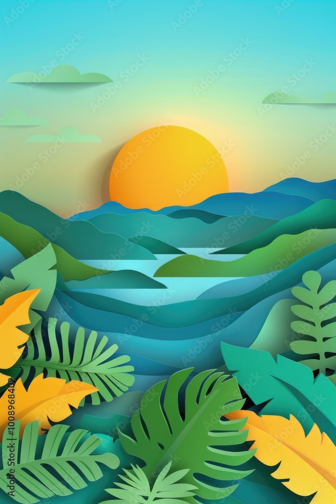 A beautiful sunset scene in a tropical landscape with palm trees and a calm sea A beautiful sunset scene in a tropical landscape with palm trees and a calm sea