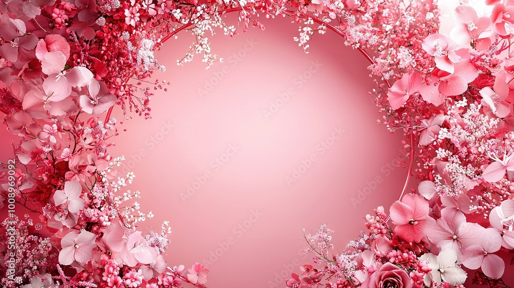 Fototapeta premium A pink background with pink flowers at the base of the image and a pink background with pink flowers at the top of the base