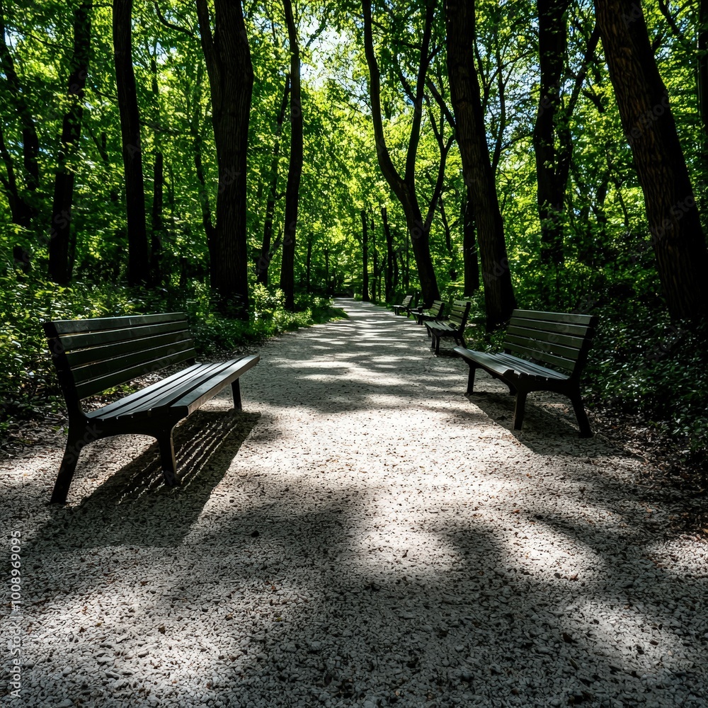 A tranquil and sunlit path meanders through a lush green forest, featuring benches on either side, inviting peaceful strolls and relaxation in nature. A tranquil and sunlit path meanders through a lush green forest, featuring benches on either side, inviting peaceful strolls and relaxation in nature.