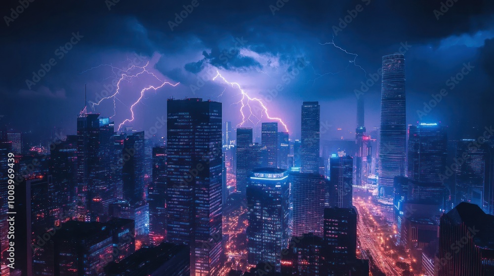 Fototapeta premium Nighttime cityscape with lightning strikes illuminating skyscrapers