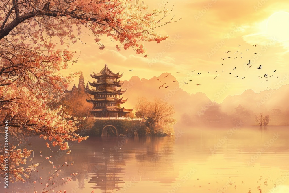 Obraz premium A serene Asian-style temple surrounded by calm water