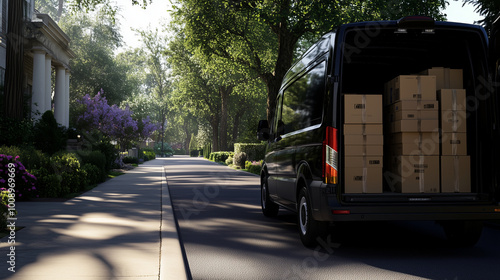 A delivery van parked on a tree-lined street with its back doors open, displaying boxes packed tightly inside, ready for the dayâs deliveries to neighborhood homes. photo