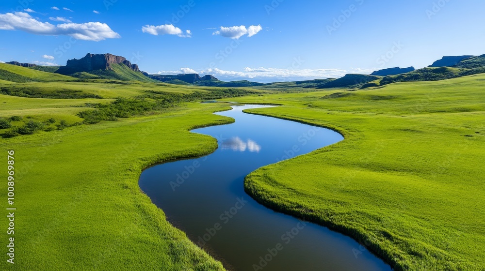 Scenic River Winding Through Lush Green Valley with Mountain Landscape Scenic River Winding Through Lush Green Valley with Mountain Landscape