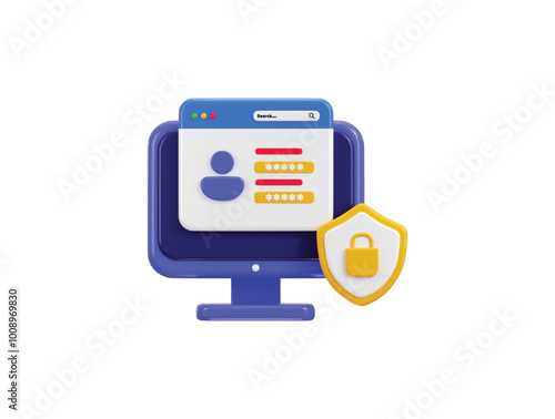 Secure login page with password form on computer and padlock with protect shield icon 3d render