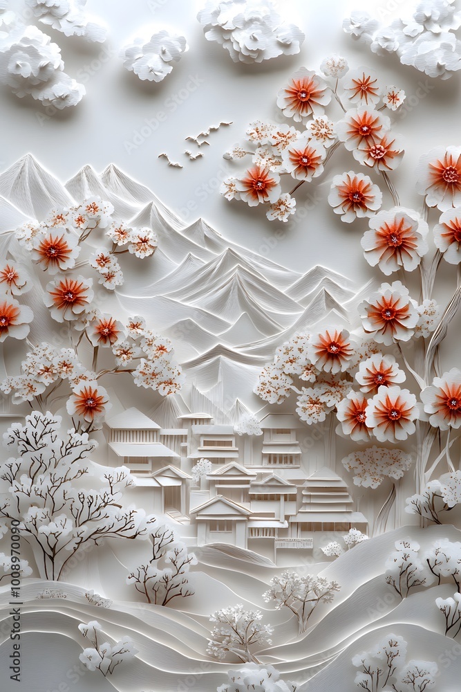 Elegant Paper Art of Mountains and Flowers