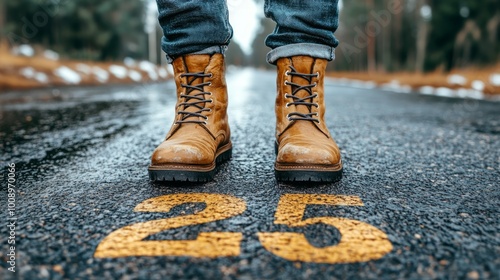 A pair of brown leather boots stand on a paved road with the number 25 painted on it.