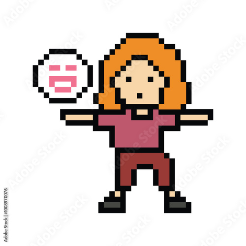 Cute cartoon pixel character cute woman exercises training dance lifestyle music decoration life style 8 bit female girl dance with music game fitness isolated PNG vector.