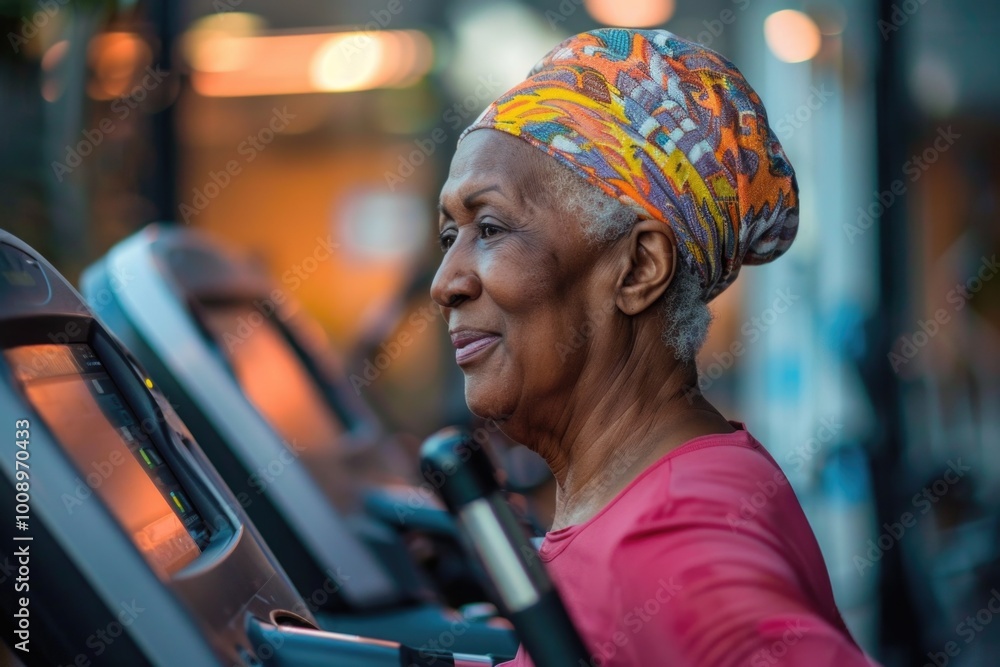 Obraz premium A woman exercising on a treadmill while wearing a turban, great for health and wellness illustrations