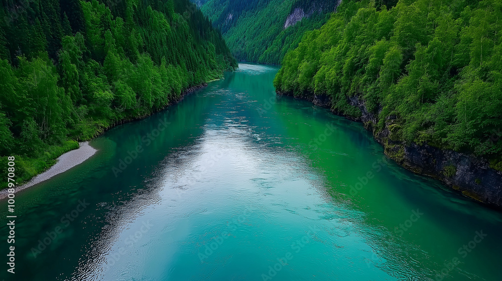 A tranquil nature shot of a calm river meandering through a valley, with crystal-clear water reflecting the surrounding forest A tranquil nature shot of a calm river meandering through a valley, with crystal-clear water reflecting the surrounding forest