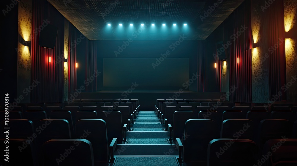 A cinematic view of an empty theater, featuring rows of seats illuminated by soft blue lights, creating a dramatic atmosphere. A cinematic view of an empty theater, featuring rows of seats illuminated by soft blue lights, creating a dramatic atmosphere.