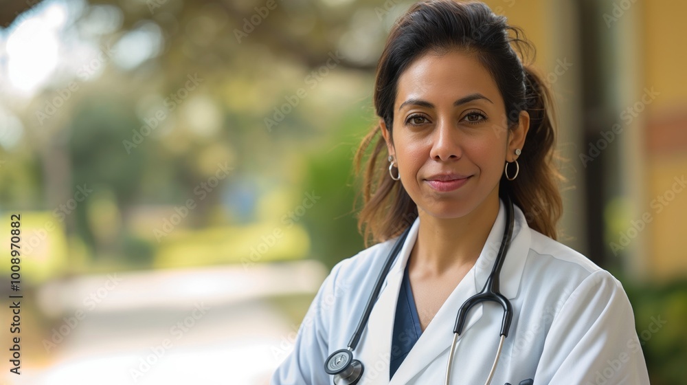 Portrait of professional female doctor in hospital setting. Smiling, wearing white coat, surrounded by medical equipment. Expertise, dedication to healthcare evident in confident expression. Portrait of professional female doctor in hospital setting. Smiling, wearing white coat, surrounded by medical equipment. Expertise, dedication to healthcare evident in confident expression.