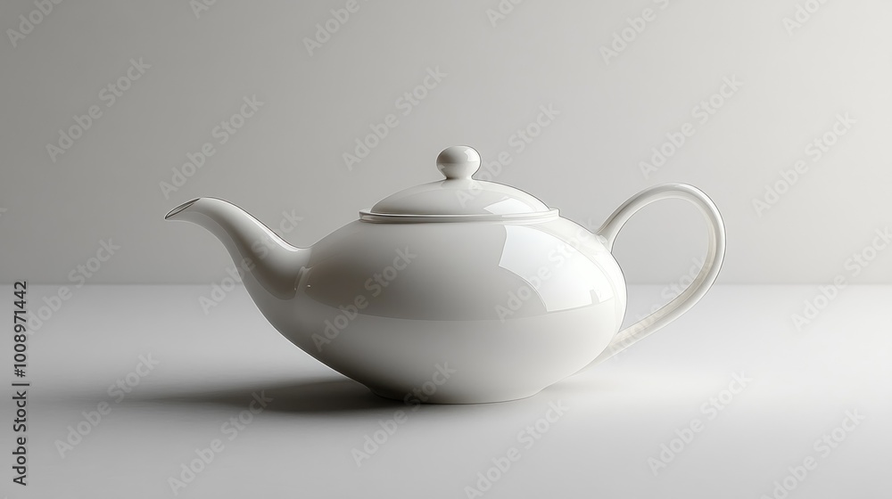 A sleek, white teapot elegantly displayed on a minimalist surface. A sleek, white teapot elegantly displayed on a minimalist surface.
