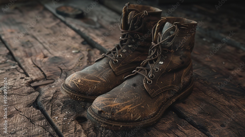 A pair of worn leather boots rests on a textured wooden A pair of worn leather boots rests on a textured wooden