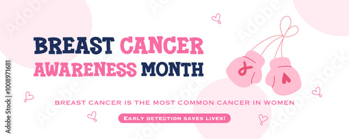 Breast Cancer awareness template illustration. Pink Ribbon with heart shape. Pink october month female healthcare campaign solidarity web template design. Pinktober flat vector cartoon illustration
