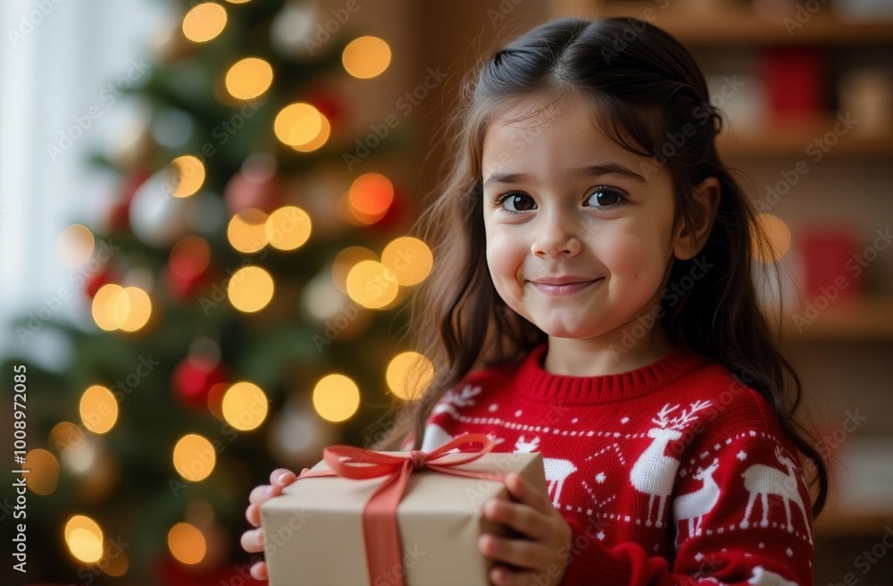 little dark-haired girl in a sweater against the background of a Christmas tree holds a gift made of craft paper and smiles, looking at the camera little dark-haired girl in a sweater against the background of a Christmas tree holds a gift made of craft paper and smiles, looking at the camera