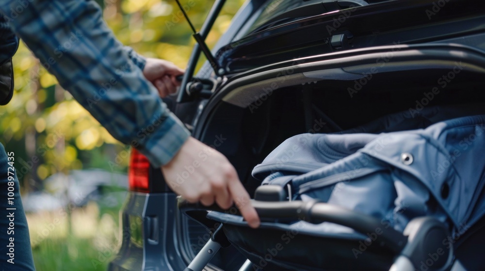 Person loading blue stroller into car trunk on sunny day. Family travel and outdoor lifestyle concepts. Person loading blue stroller into car trunk on sunny day. Family travel and outdoor lifestyle concepts.
