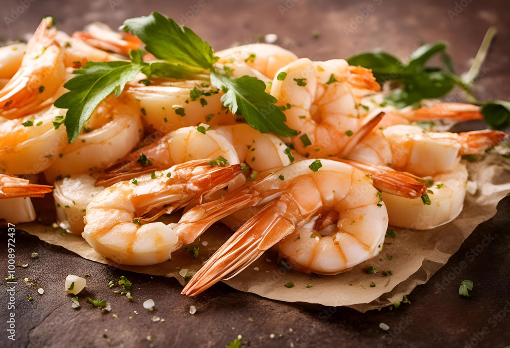 Freshly cooked shrimp garnished with herbs and lemon served on crumpled parchment, perfect for a summer gathering Freshly cooked shrimp garnished with herbs and lemon served on crumpled parchment, perfect for a summer gathering