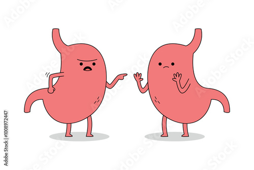 Cute organ stomach cartoon character arguing with one another doodle