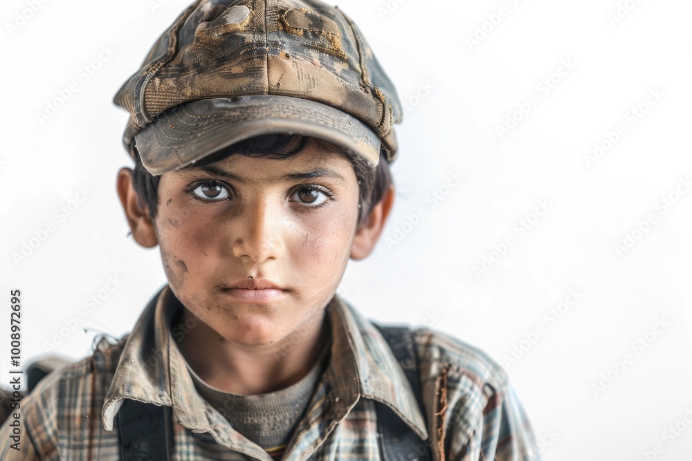 A young boy wearing a hat and a plaid shirt, a casual everyday scene A young boy wearing a hat and a plaid shirt, a casual everyday scene