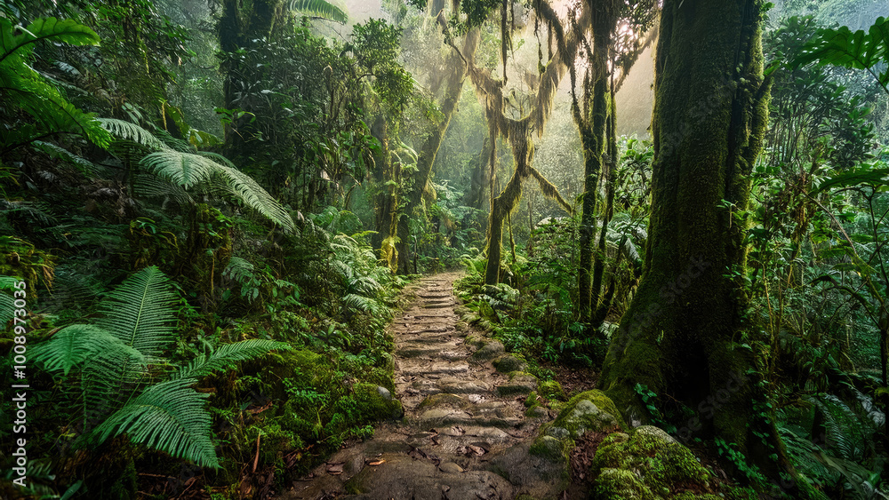 Fototapeta premium Landscape of stone path in tropical rainforest