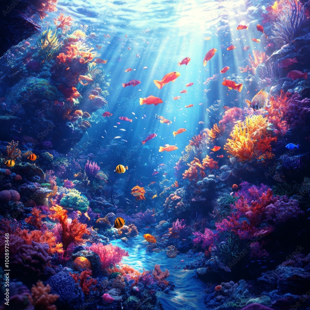 Fototapeta premium Vibrant Coral Reef Underwater Scene with Colorful Fish and Sunbeams