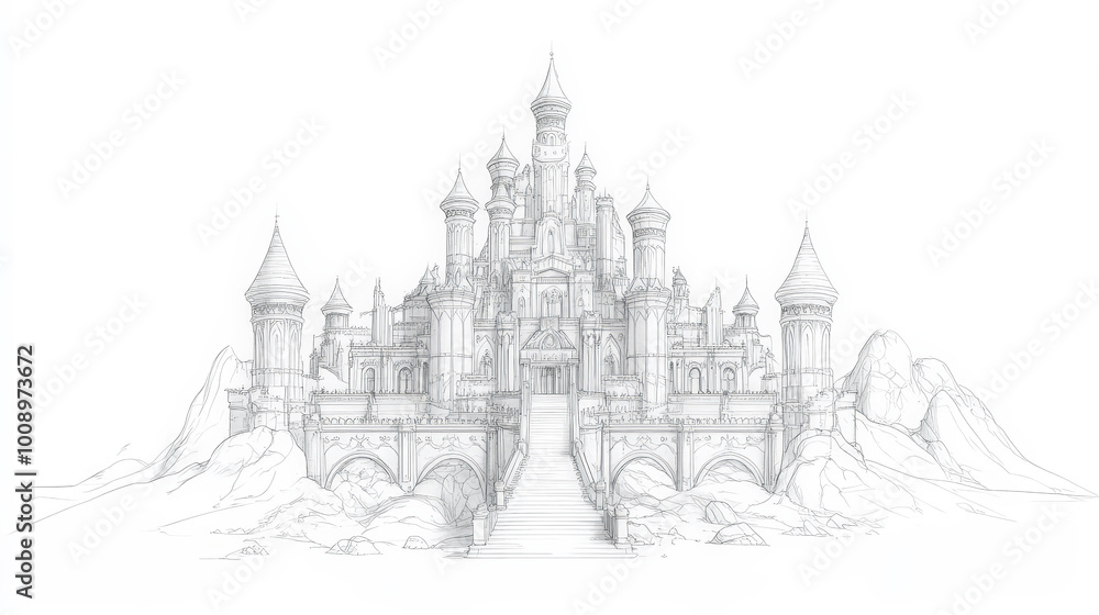 Obraz premium Majestic Elven Palace Illustration in Line Art Style