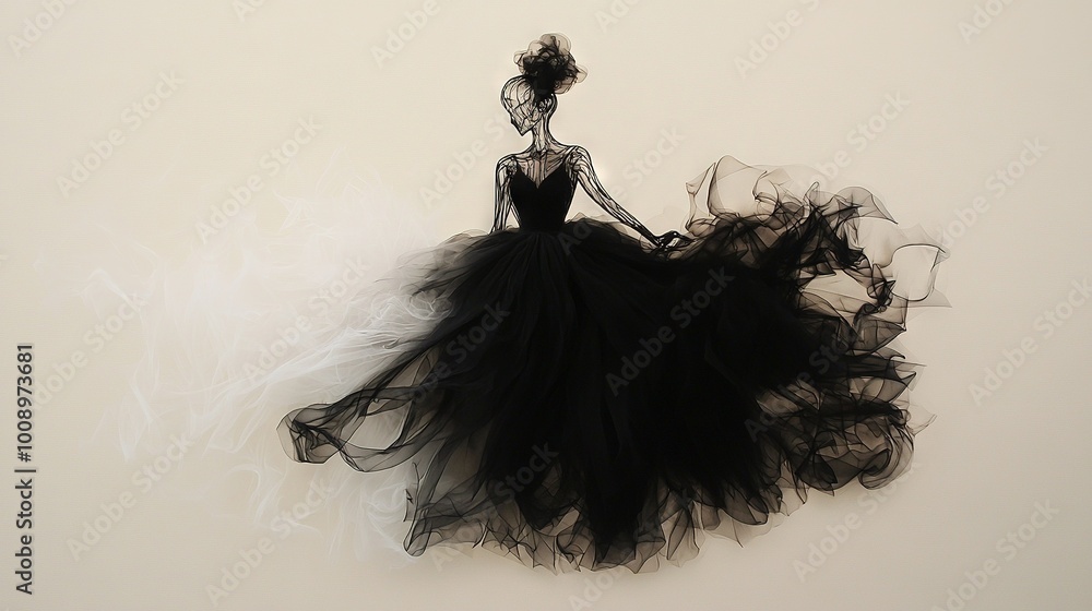 Fototapeta premium A monochrome portrait of a lady adorned in a black dress and white-feathered skirt