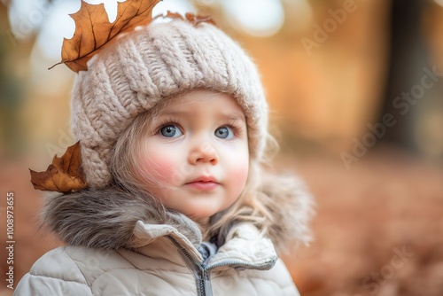 A young child with blue eyes, bundled up in autumn attire, surrounded by fallen leaves and a blurred background.