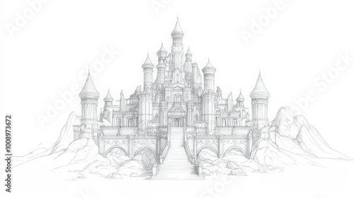 Majestic Elven Palace Illustration in Line Art Style