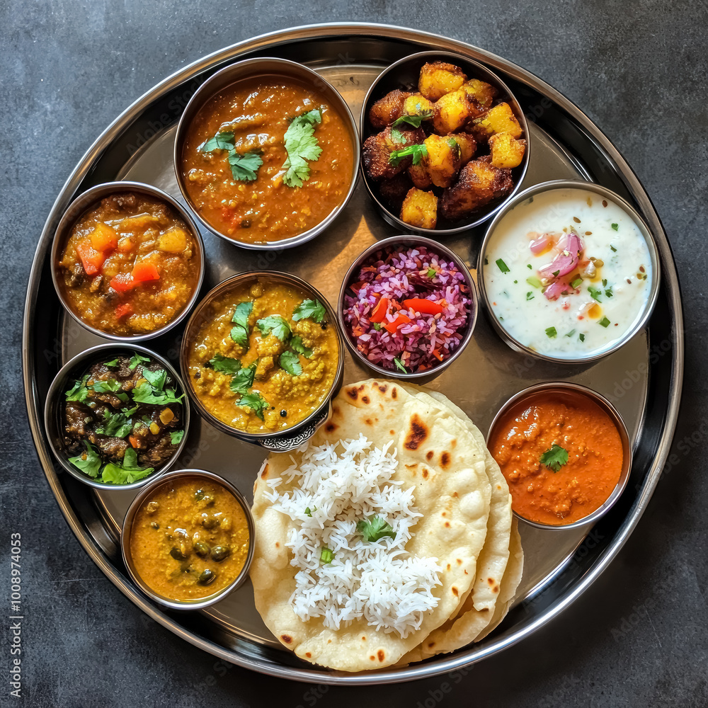 colorful indian thali meal with multiple spicy dishes colorful indian thali meal with multiple spicy dishes