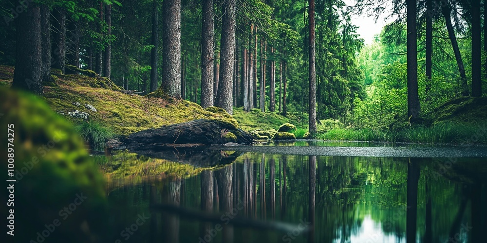 A peaceful forest scene with tall trees surrounding a calm pond reflecting the lush greenery around it.