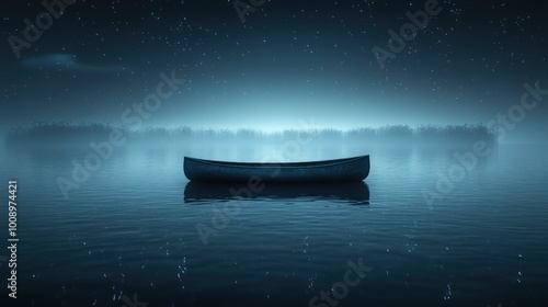 A serene night scene with a lone canoe on calm waters.