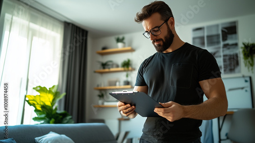 A contractor with a clipboard stands in the living room of a newly renovated apartment, carefully checking off items on his paperwork as he inspects the final touches of the renova photo