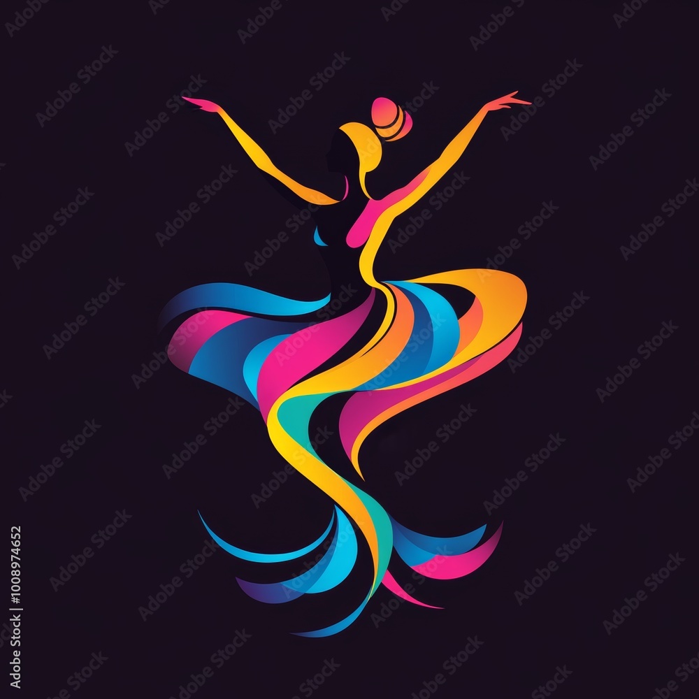 Fototapeta premium Colorful Dancer Silhouette with Flowing Dress Abstract Art Graphic Design