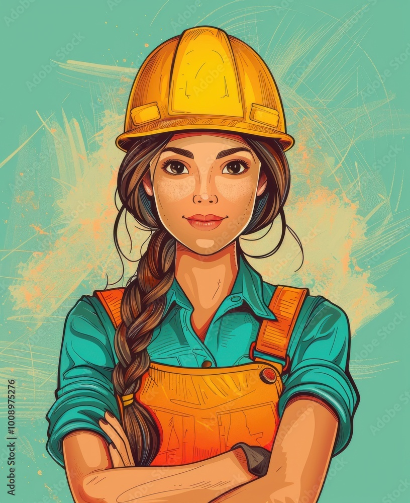 Young woman in hard hat and overalls
