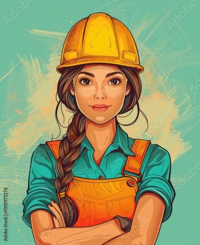 Obraz na płótnie Young woman in hard hat and overalls w salonie