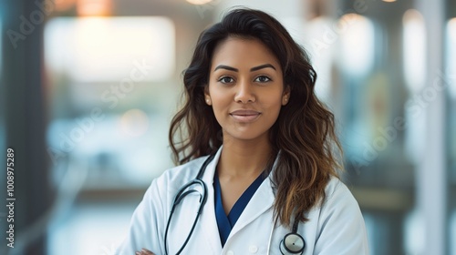 Portrait of pro woman in white coat, medical field expert. Female doctor with confident smile, dedicated to healthcare. Skilled physician with expertise in medical care, working in hospital clinic.