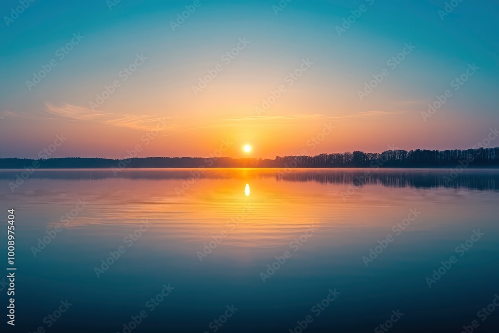 Serene sunrise over calm lake with tree silhouette and soft light reflections. Serene sunrise over calm lake with tree silhouette and soft light reflections.