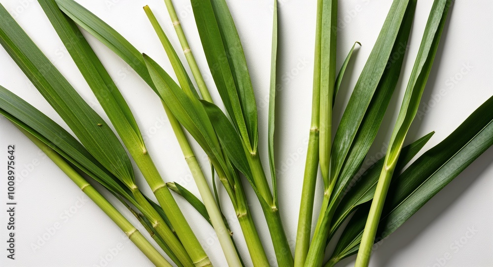 Crisp closeup of lush lemongrass leaves isolated on a simple white canvas Crisp closeup of lush lemongrass leaves isolated on a simple white canvas