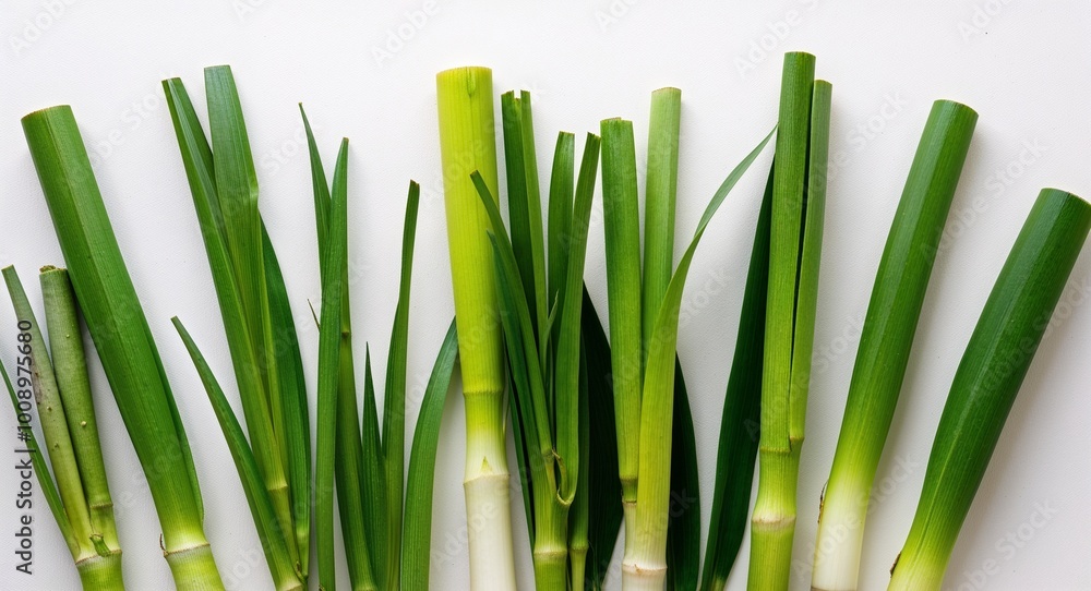 Obraz premium Crisp closeup of lush lemongrass leaves isolated on a simple white canvas
