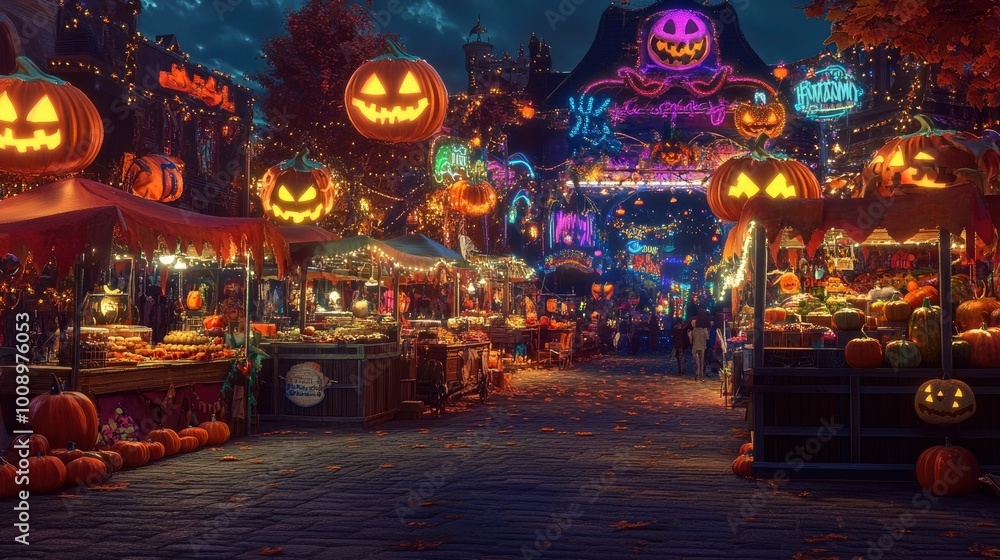 A vibrant Halloween festival with food stalls, games, and festive decorations. A vibrant Halloween festival with food stalls, games, and festive decorations.