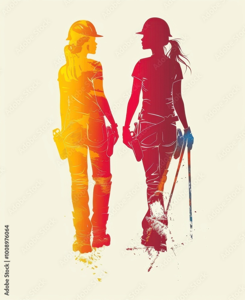 Two construction workers walking together in the sunset