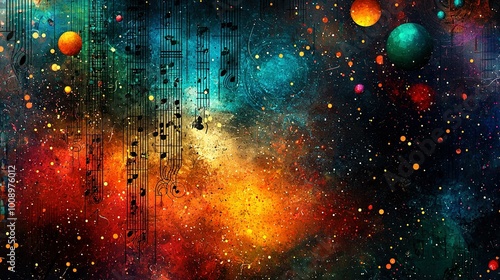   A vibrant artwork featuring melodious notes on each side