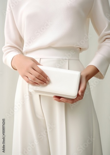 Woman carrying white wallet crossbody fashion sleeve accessories.