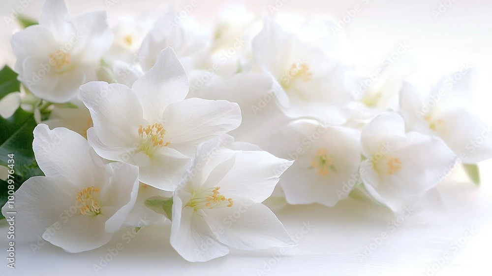 White blooms sit atop a white surface beside a lush foliage plant on a tabletop White blooms sit atop a white surface beside a lush foliage plant on a tabletop