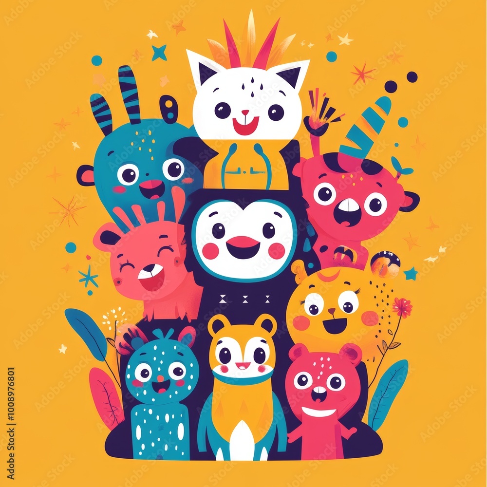 Obraz premium Cute Cartoon Animal Friends Group Illustration Happy Characters Design