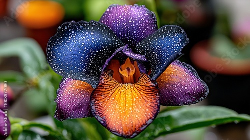   A close-up of a vibrant purple and orange flower, adorned with droplets of water on its delicate petals, set against a lush backdrop of green fol photo