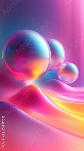 vibrant vertical wallpaper featuring a dreamy surreal landscape with floating iridescent bubbles over soft, colorful waves in shades of pink, purple, and blue